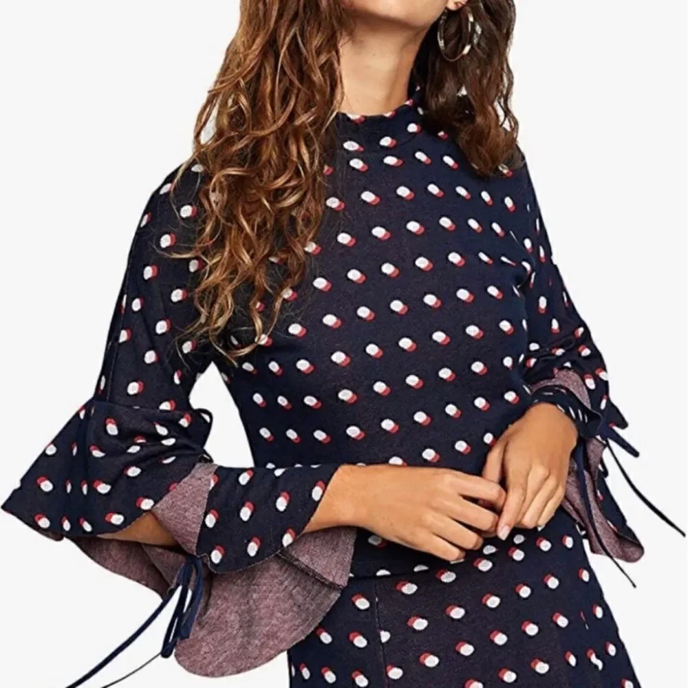BCBGeneration Blue, Red & White Polka Dot Flutter Sleeves Mock Neck Crop Top